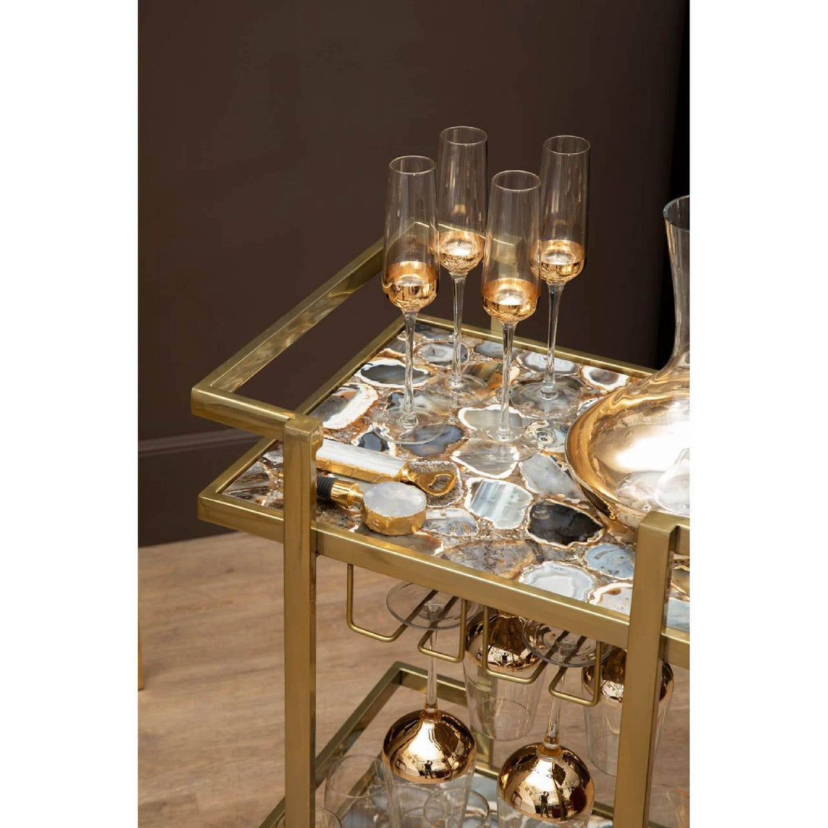Vita Black Agate and Gold 2 Tier Drinks Trolley