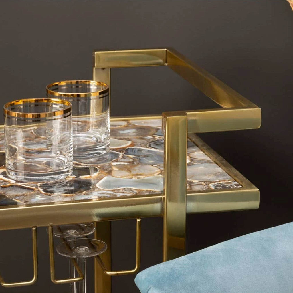 Vita Black Agate and Gold 2 Tier Drinks Trolley