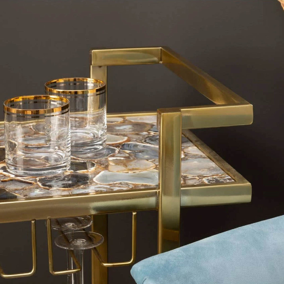 Vita Black Agate and Gold 2 Tier Drinks Trolley
