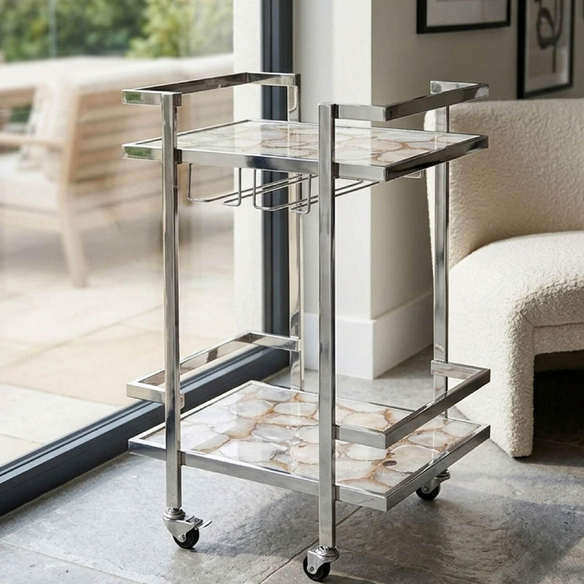 Vita White Agate and Silver 2 Tier Drinks Trolley