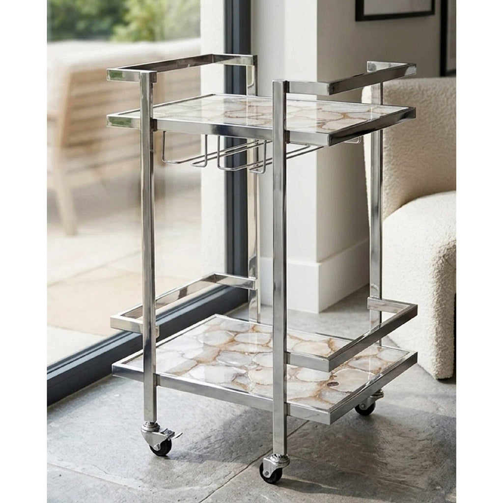 Vita White Agate and Silver 2 Tier Drinks Trolley