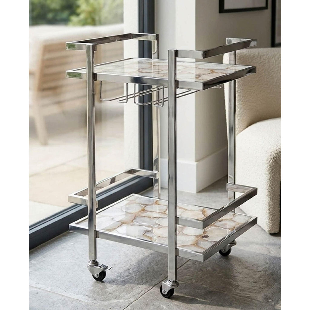 Vita White Agate and Silver 2 Tier Drinks Trolley
