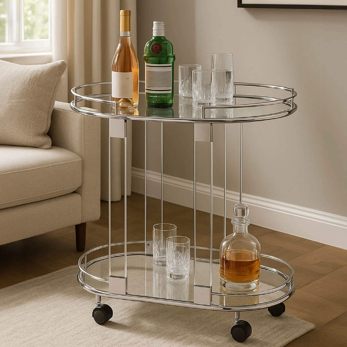 Oria Silver Metal and Acrylic Frame 2 Tier Oval Drinks Trolley