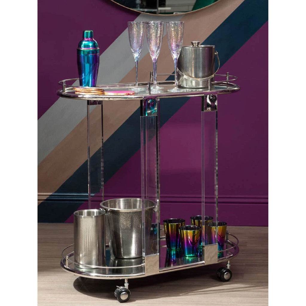 Oria Silver Metal and Acrylic Frame 2 Tier Oval Drinks Trolley