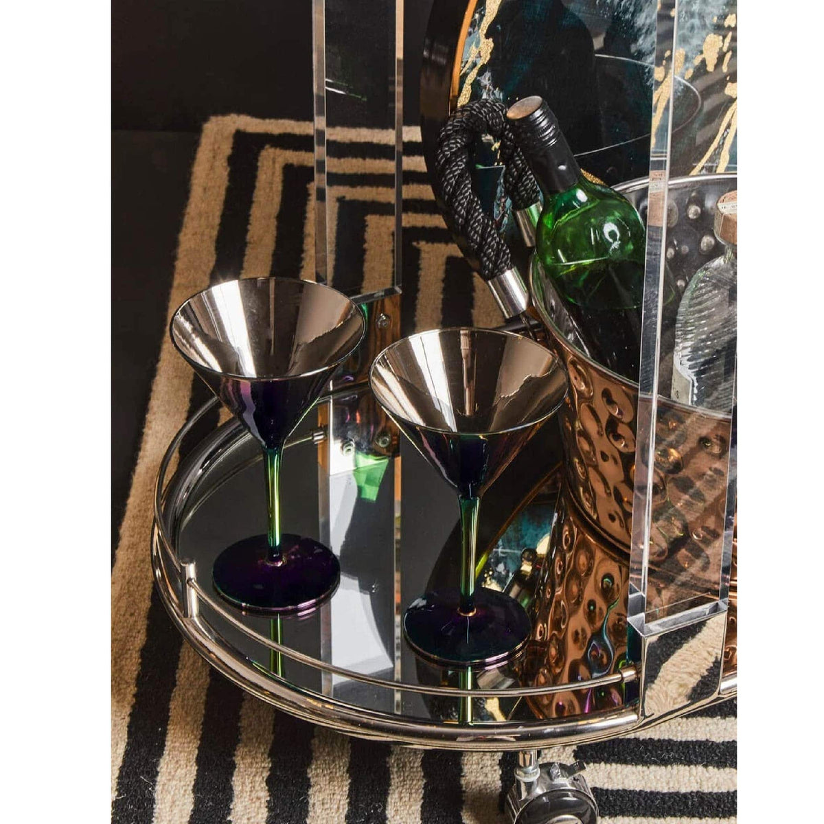Oria Silver Metal and Acrylic Frame 2 Tier Oval Drinks Trolley