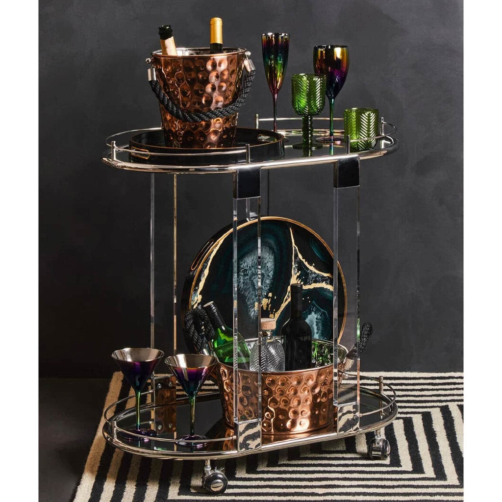 Oria Silver Metal and Acrylic Frame 2 Tier Oval Drinks Trolley