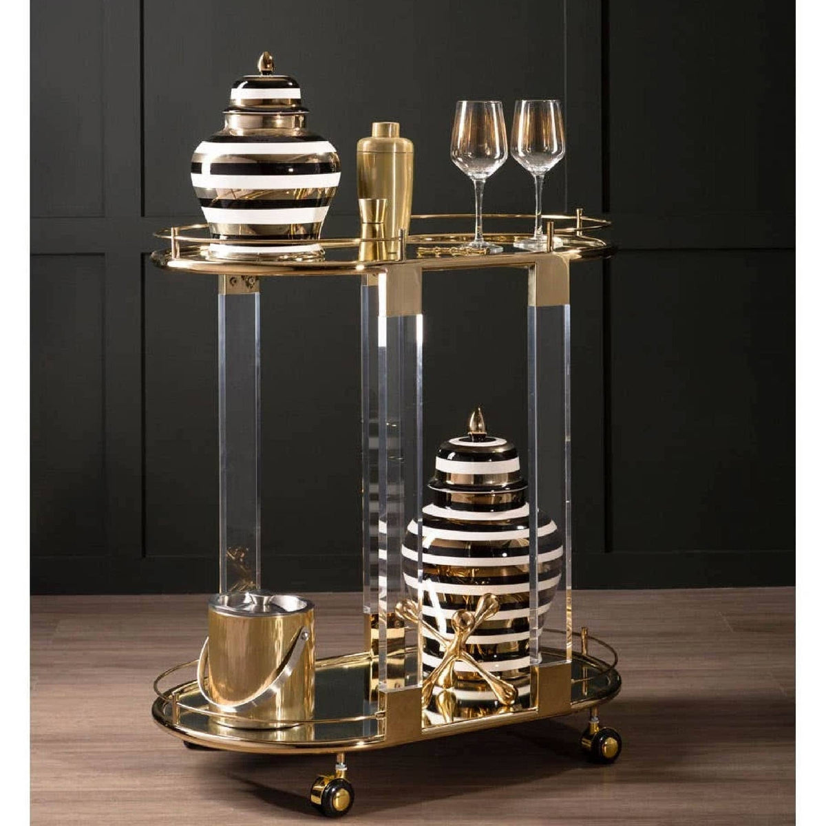 Oria Gold Metal 2 Tier Luxury Oval Drinks Trolley