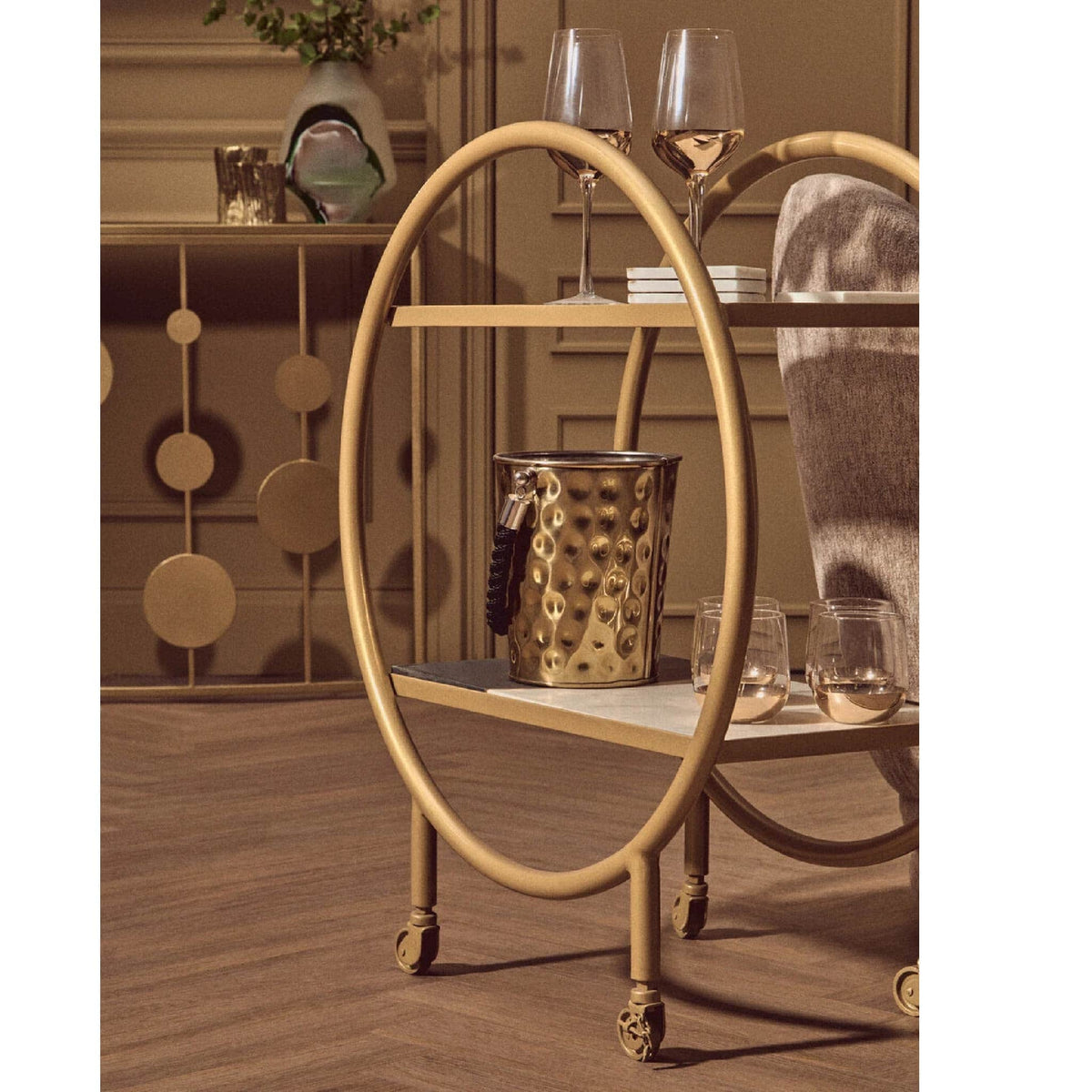 Vizzini Marble with Brass Finish Round 2 Tier Shelf or Bar Unit
