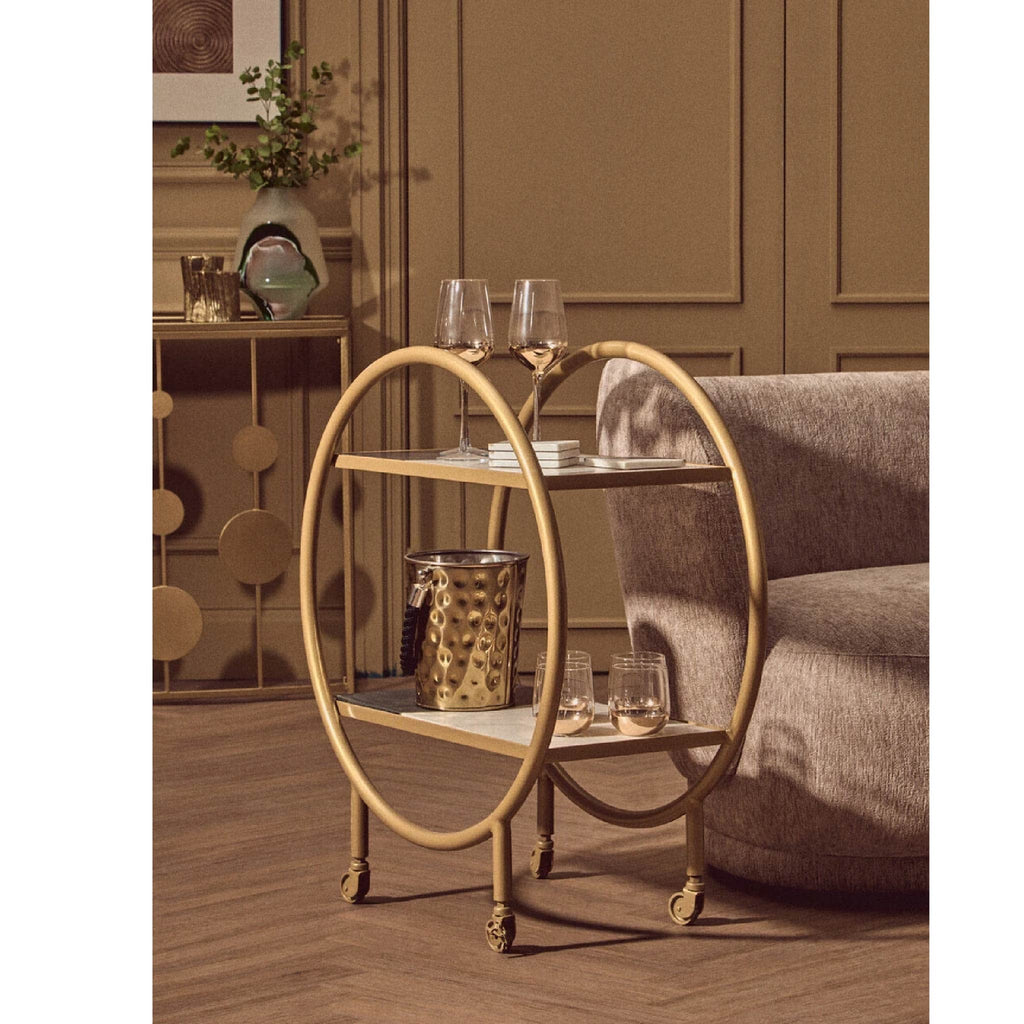 Vizzini Marble with Brass Finish Round 2 Tier Shelf or Bar Unit