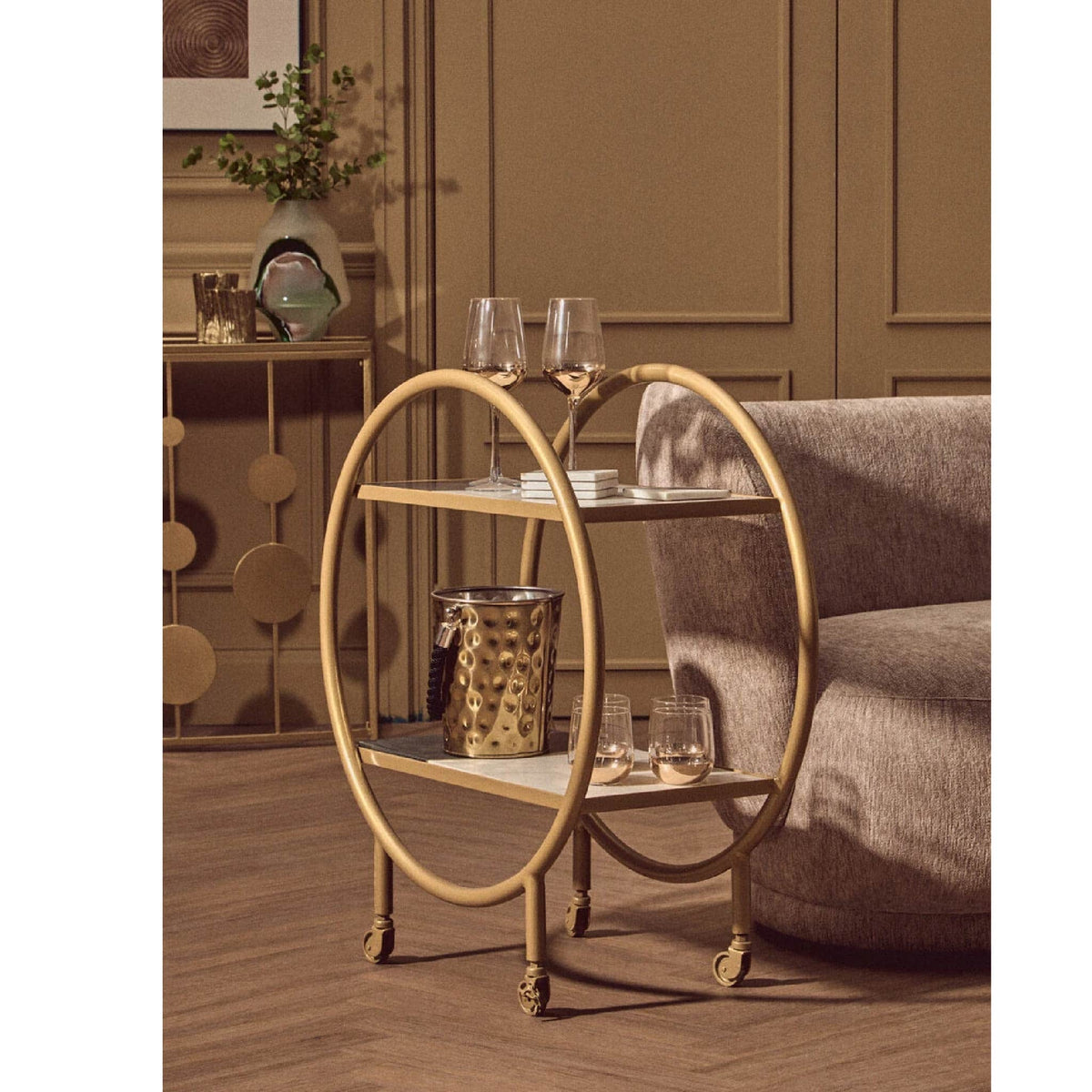 Vizzini Marble with Brass Finish Round 2 Tier Shelf or Bar Unit