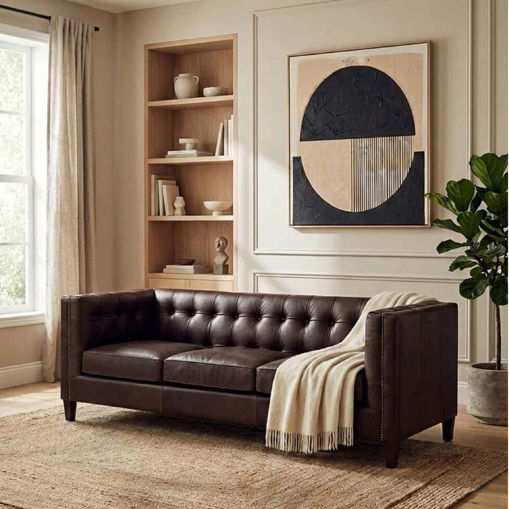 King Three Seater Dark Brown Leather Modern Chesterfield Sofa