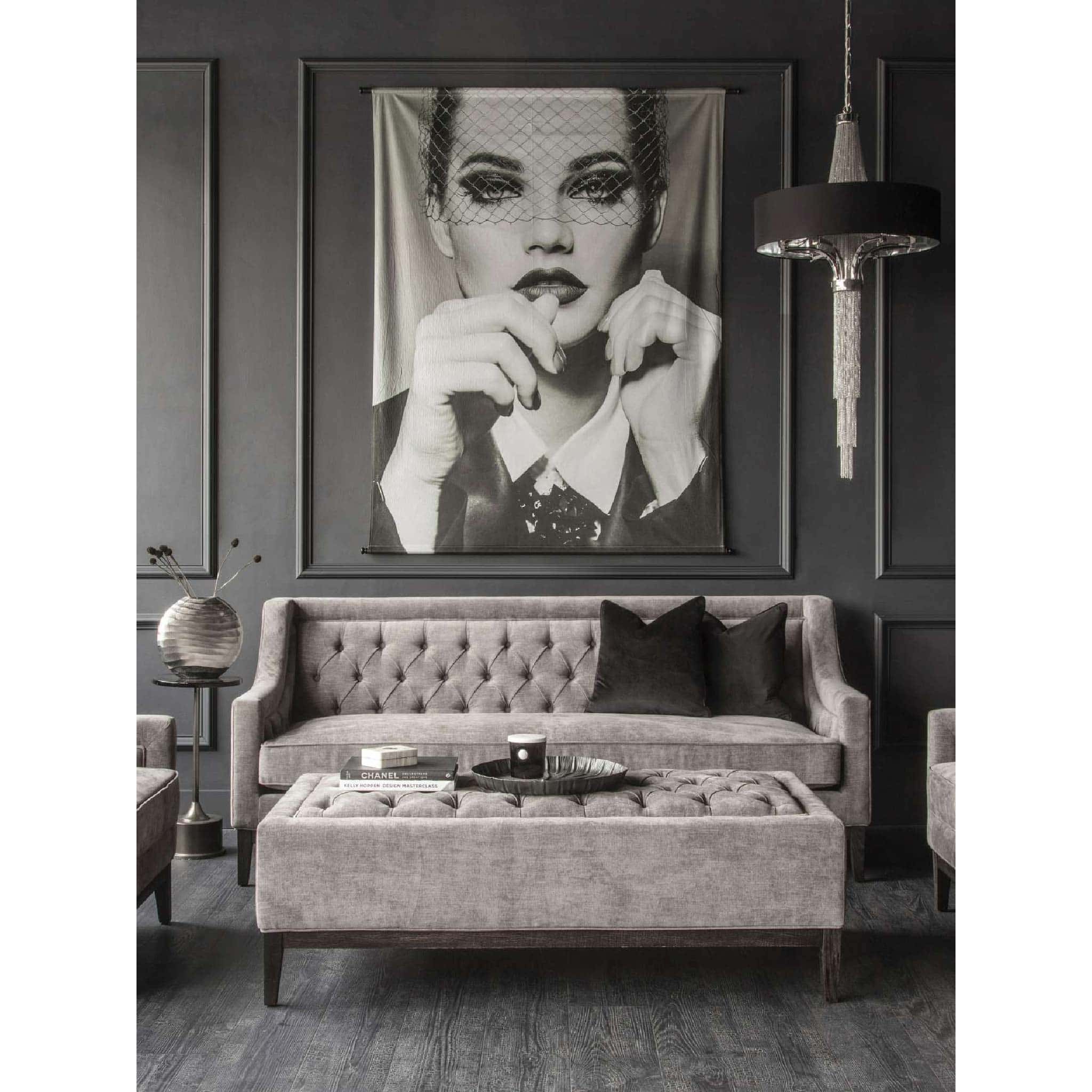 Theodore Buttoned Sofa in Warm Grey Fabric 200cm
