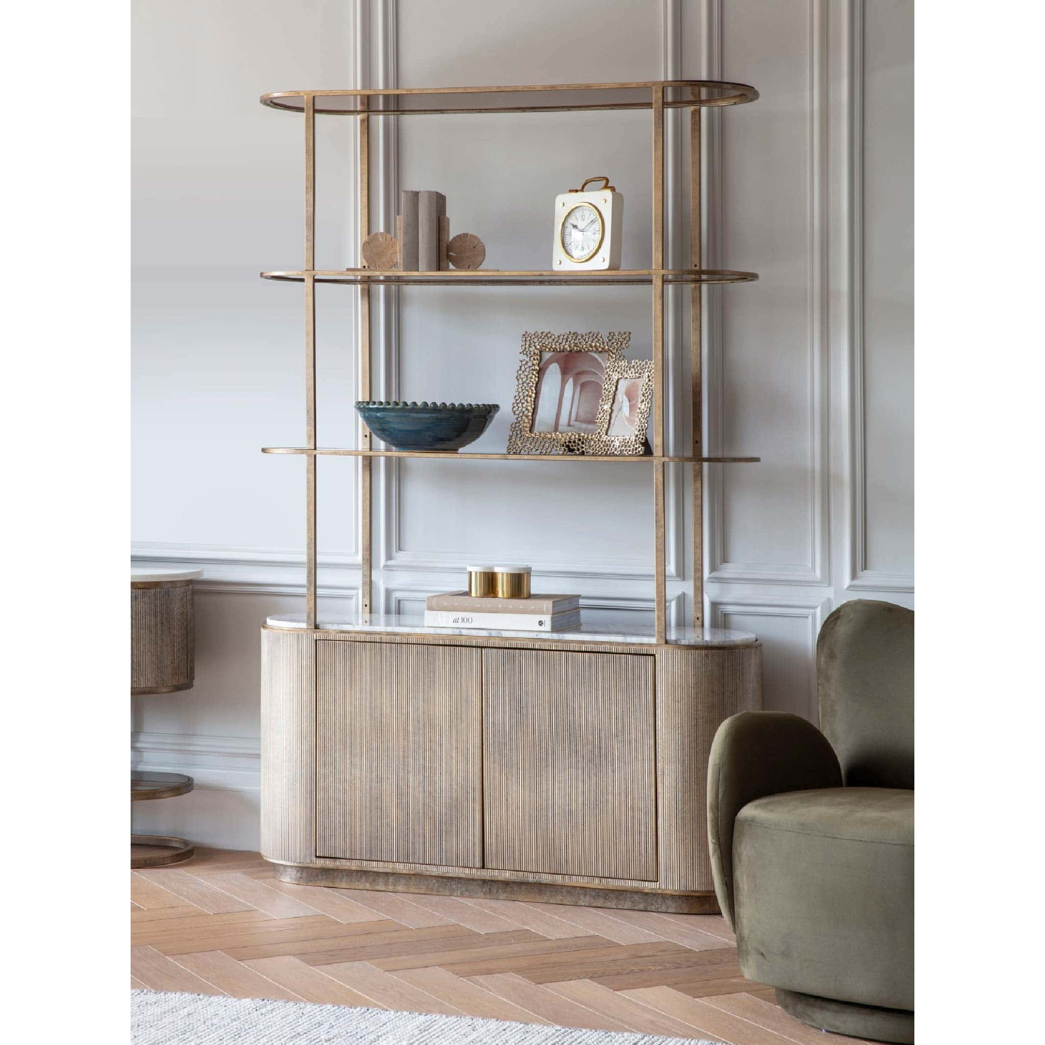 Belvedere Aged Gold Shelving Unit With Storage