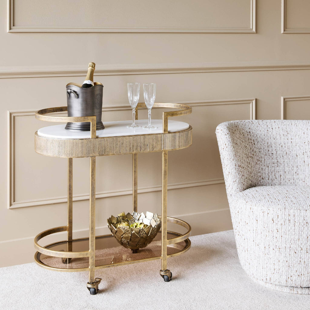 Libra Interiors Belvedere Aged Gold & Marble Stylish Drinks Trolley