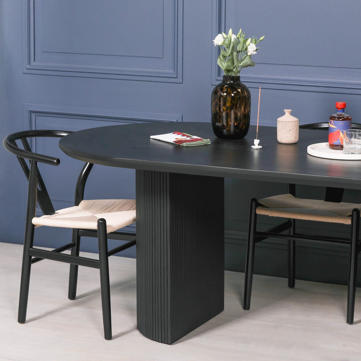 Camden Black Painted Acacia Fluted Oval Dining Table