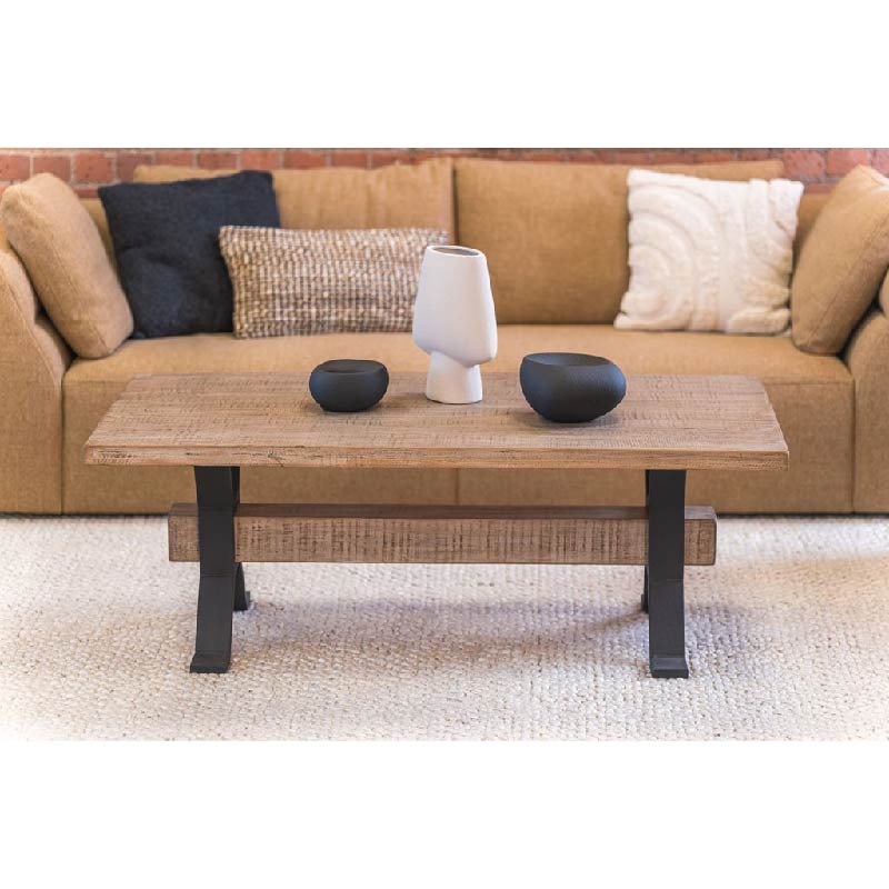 Adair Wooden industrial coffee table with black iron suppport