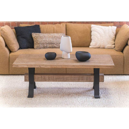 Adair Wooden industrial coffee table with black iron suppport