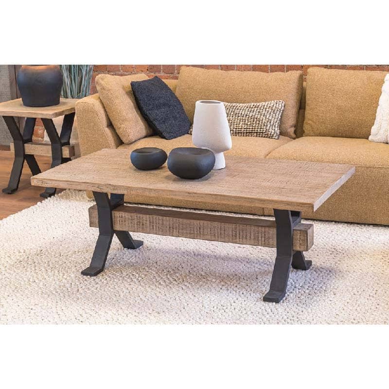 Adair Wooden industrial coffee table with black iron suppport