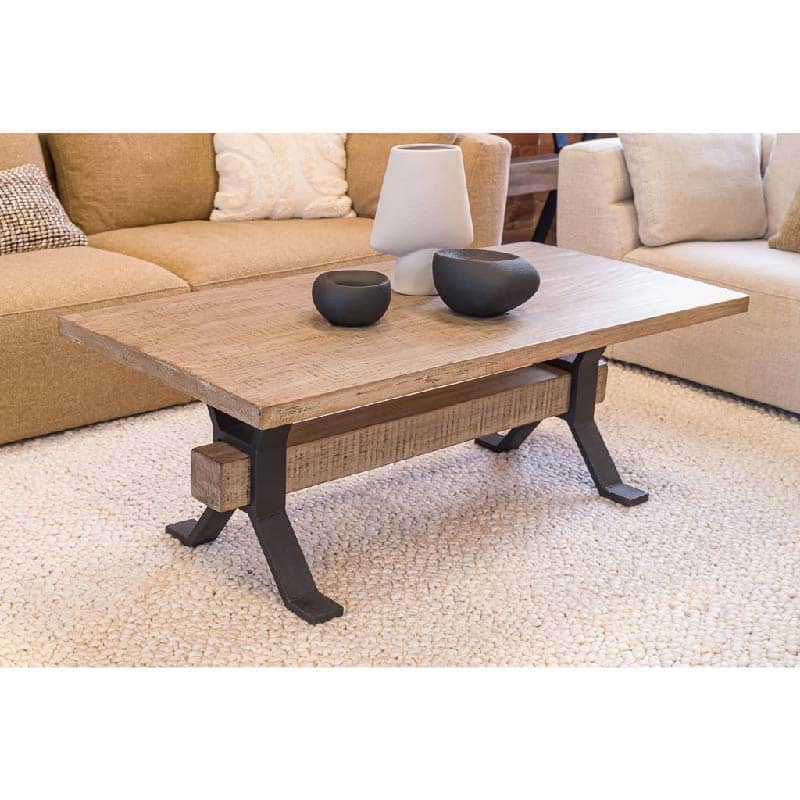 Adair Wooden industrial coffee table with black iron suppport