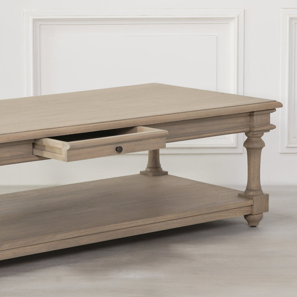 French Provincial Classic Wooden 170cm Coffee Table with Drawer and shelf