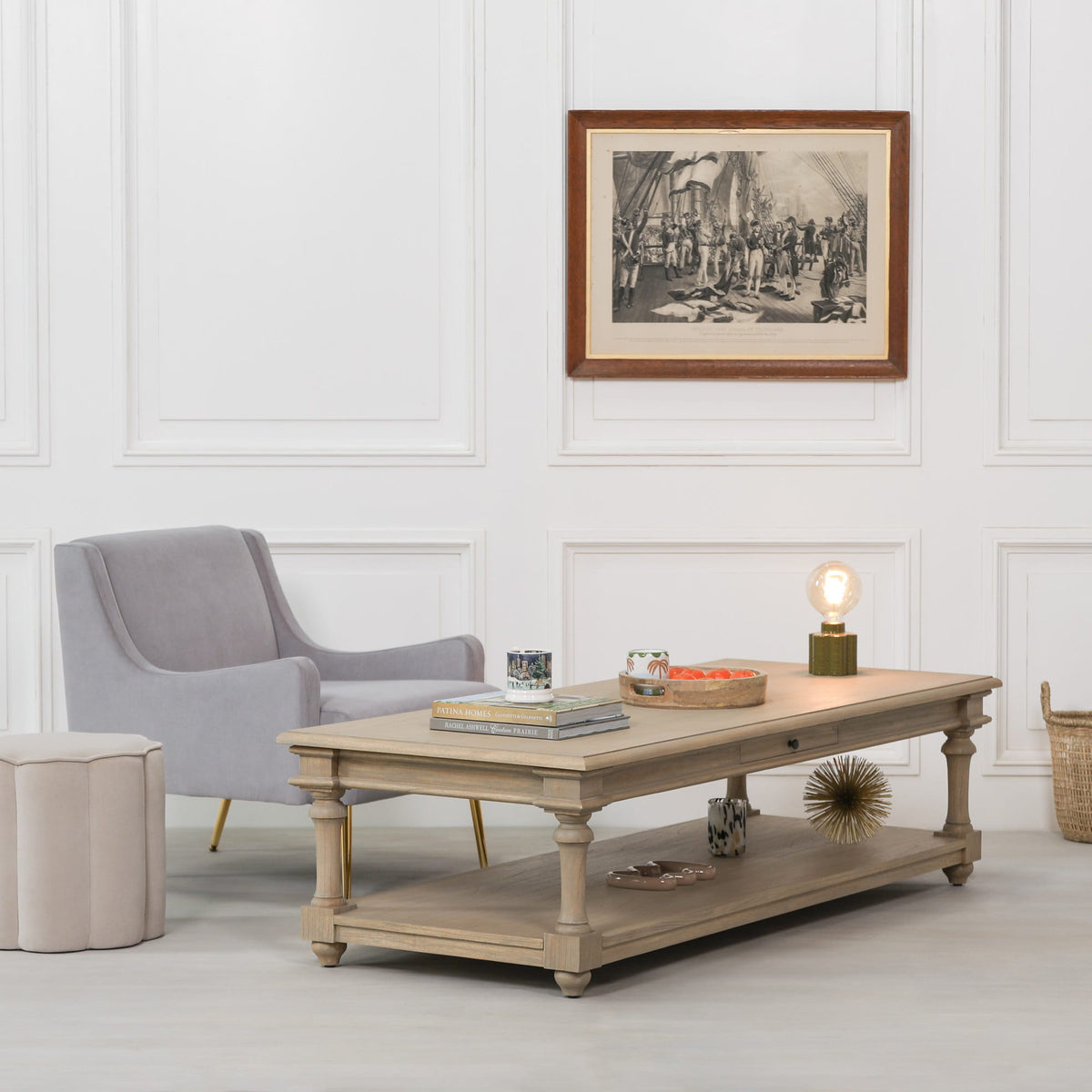 French Provincial Classic Wooden 170cm Coffee Table with Drawer and shelf