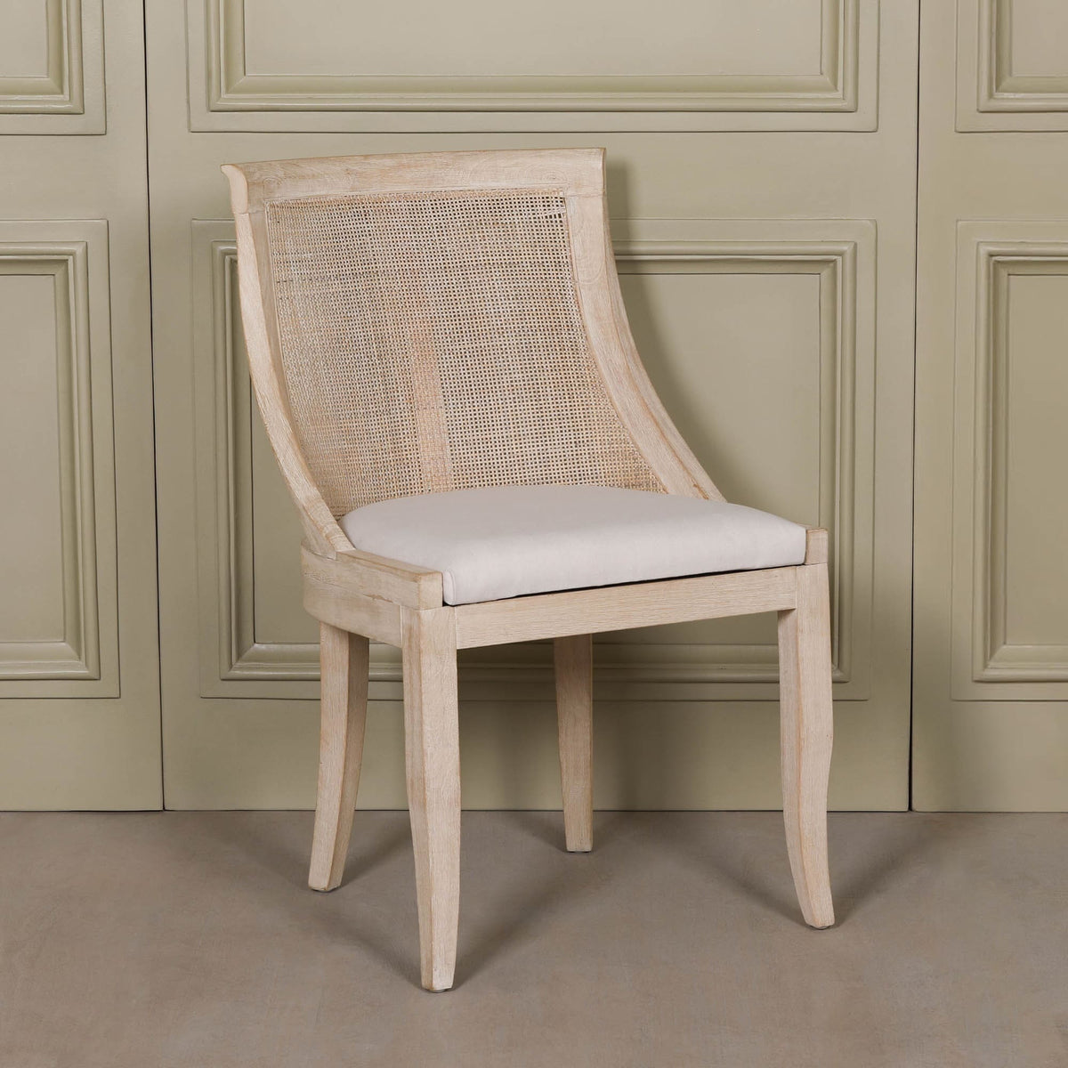 French Cottage Light Wooden Sloped Rattan Upholstered Dining Chair