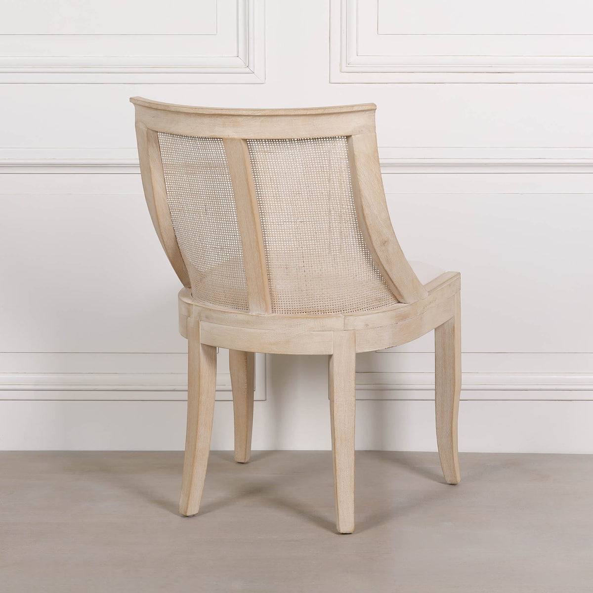 French Cottage Light Wooden Sloped Rattan Upholstered Dining Chair