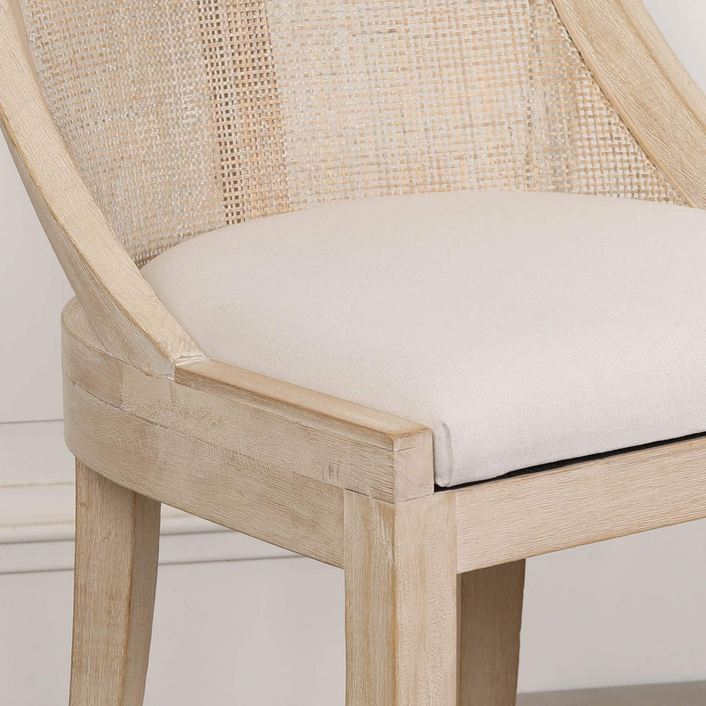 French Cottage Light Wooden Sloped Rattan Upholstered Dining Chair