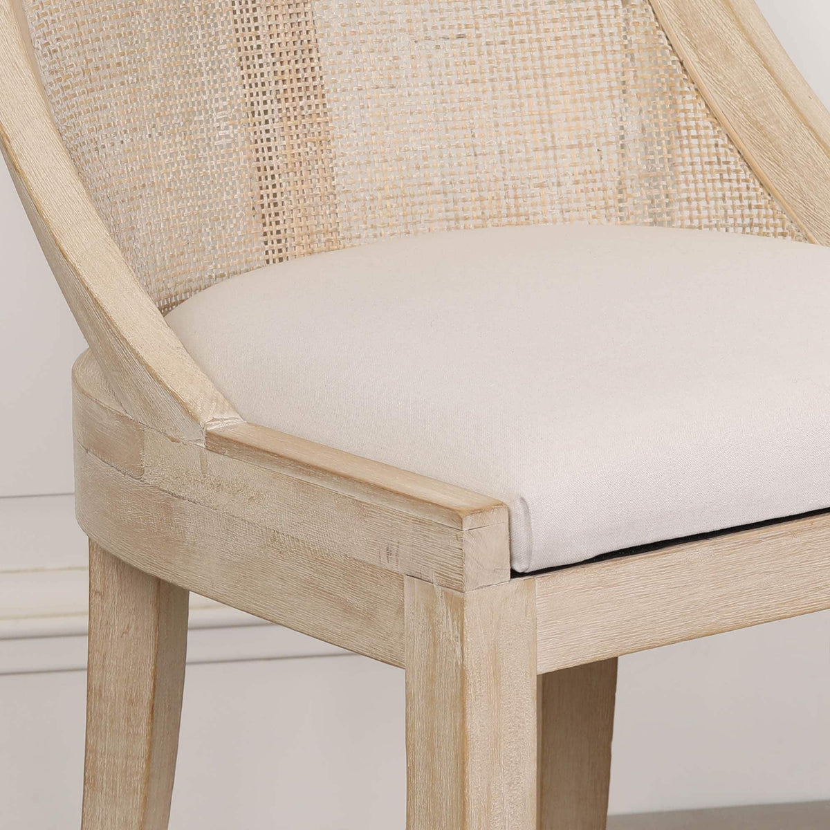 French Cottage Light Wooden Sloped Rattan Upholstered Dining Chair