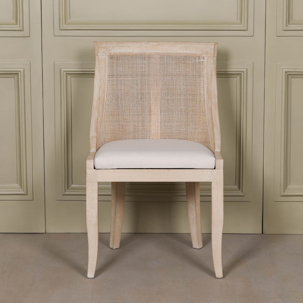 French Cottage Light Wooden Sloped Rattan Upholstered Dining Chair
