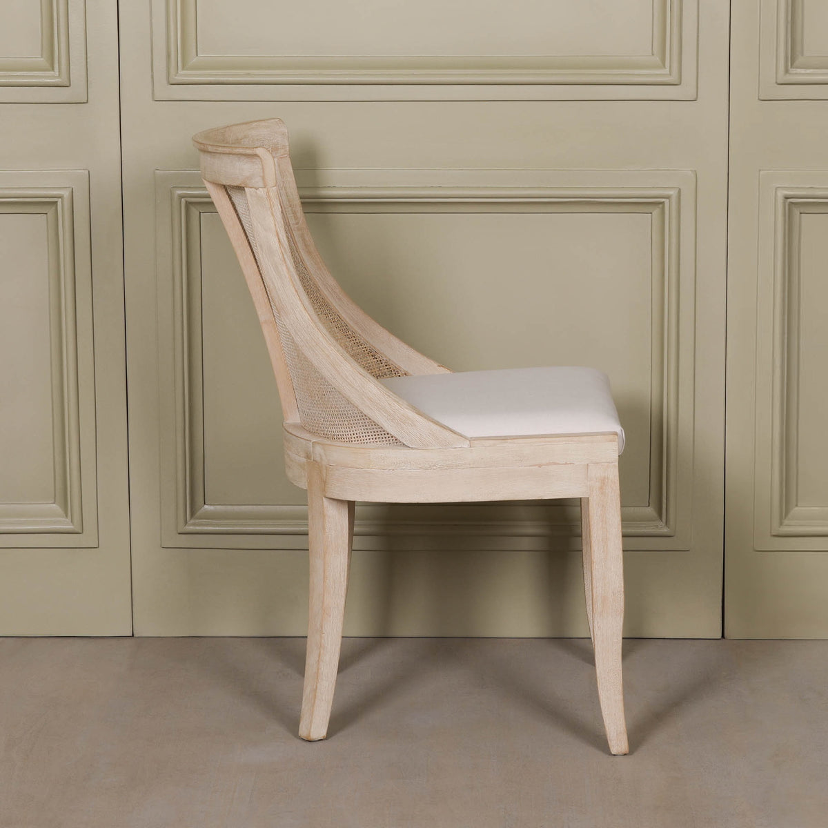 French Cottage Light Wooden Sloped Rattan Upholstered Dining Chair