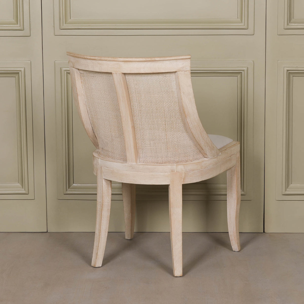 French Cottage Light Wooden Sloped Rattan Upholstered Dining Chair