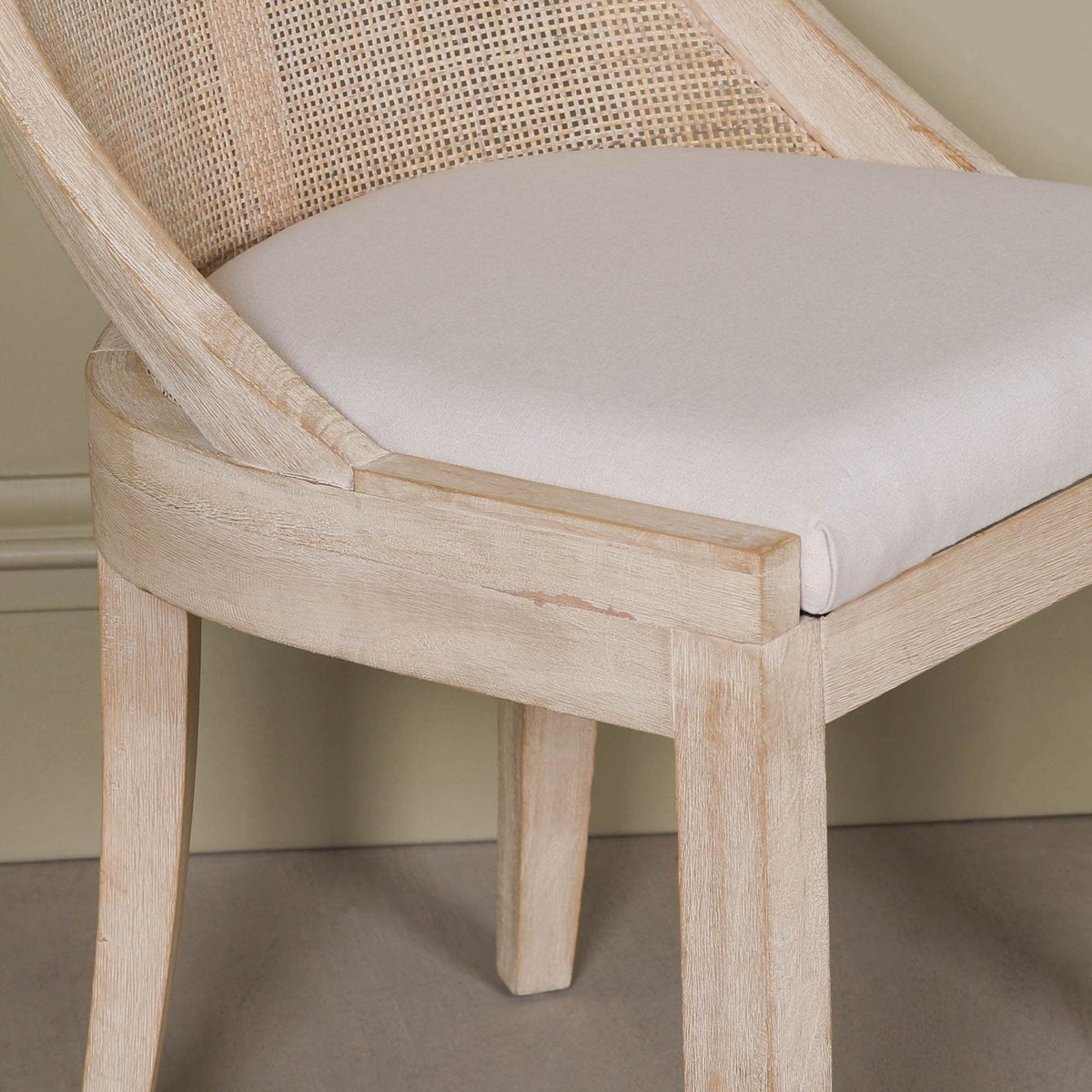 French Cottage Light Wooden Sloped Rattan Upholstered Dining Chair