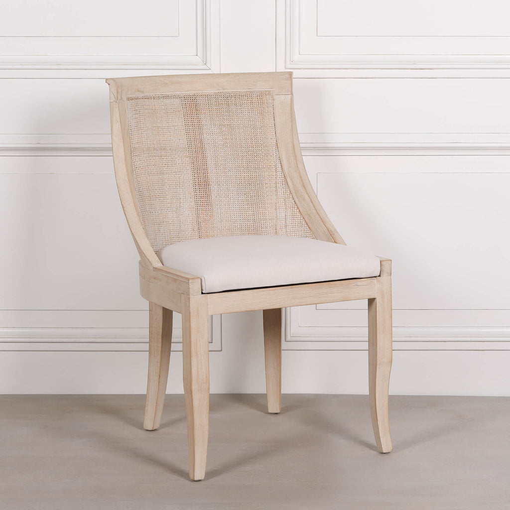 French Cottage Light Wooden Sloped Rattan Upholstered Dining Chair