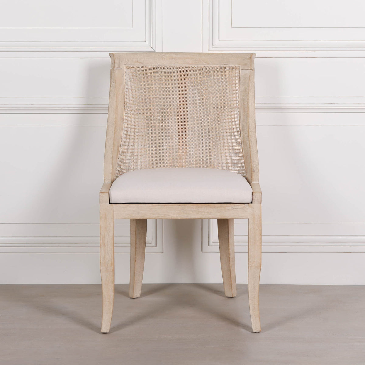 French Cottage Light Wooden Sloped Rattan Upholstered Dining Chair