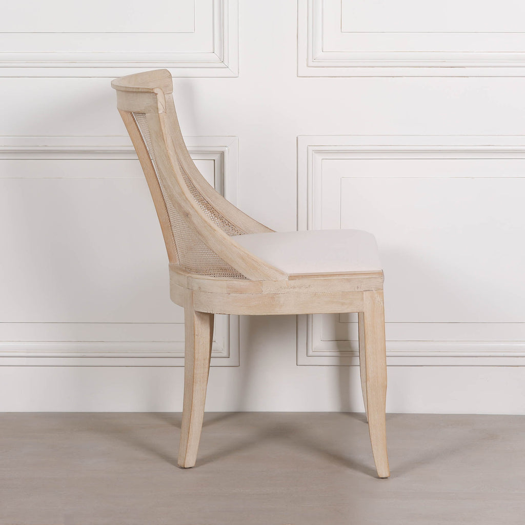French Cottage Light Wooden Sloped Rattan Upholstered Dining Chair