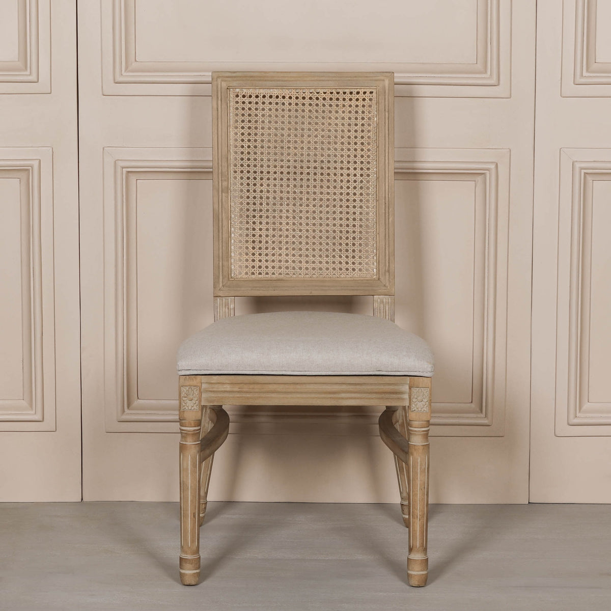 Wooden Louis Upholstered Square Back French Rattan Back Dining Chair