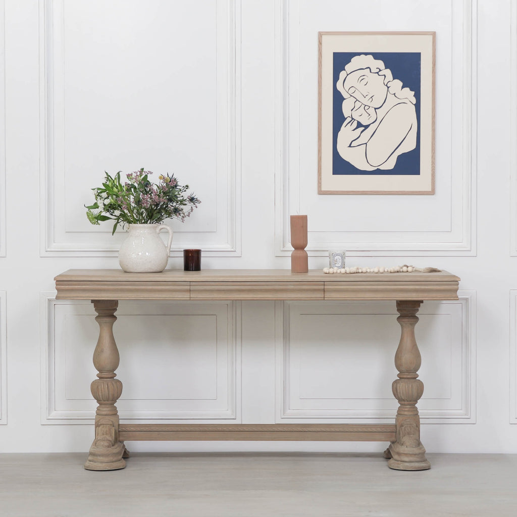 Hampton Rustic Wooden Intricate Carved Console with Drawer
