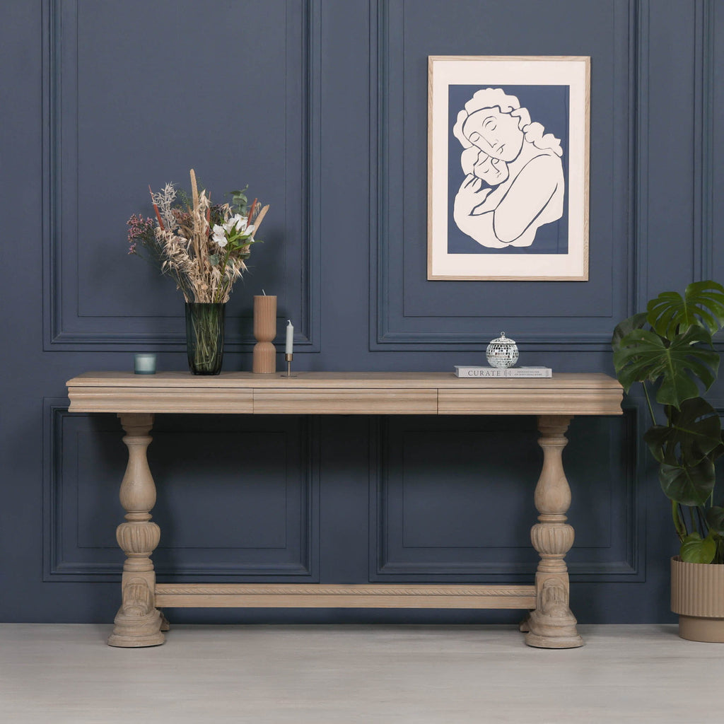 Hampton Rustic Wooden Intricate Carved Console with Drawer