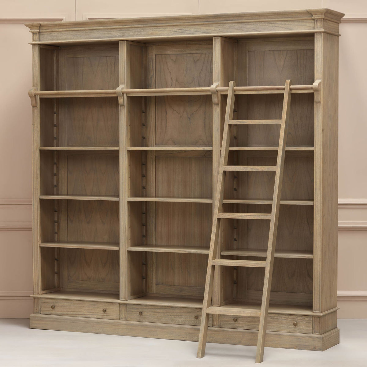 Large Traditional Wooden Home Library Shelving Bookcase with Ladder